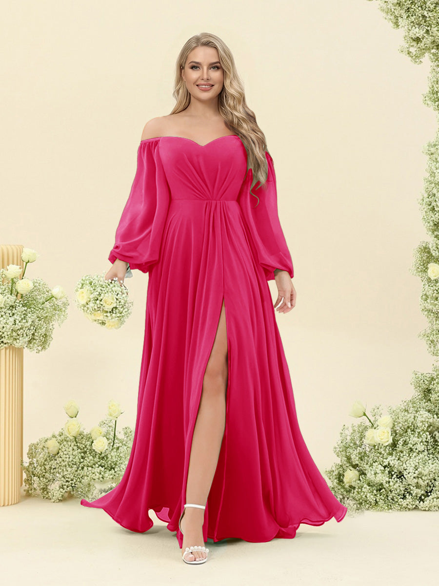 A-Line/Princess Sweetheart Floor-Length Long Plus Size Bridesmaid Dresses with Split Side & Ruffles Fuchsia Pink