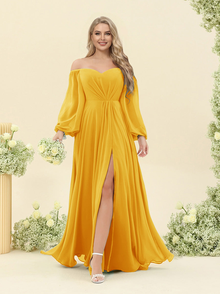 A-Line/Princess Sweetheart Floor-Length Long Plus Size Bridesmaid Dresses with Split Side & Ruffles Gold