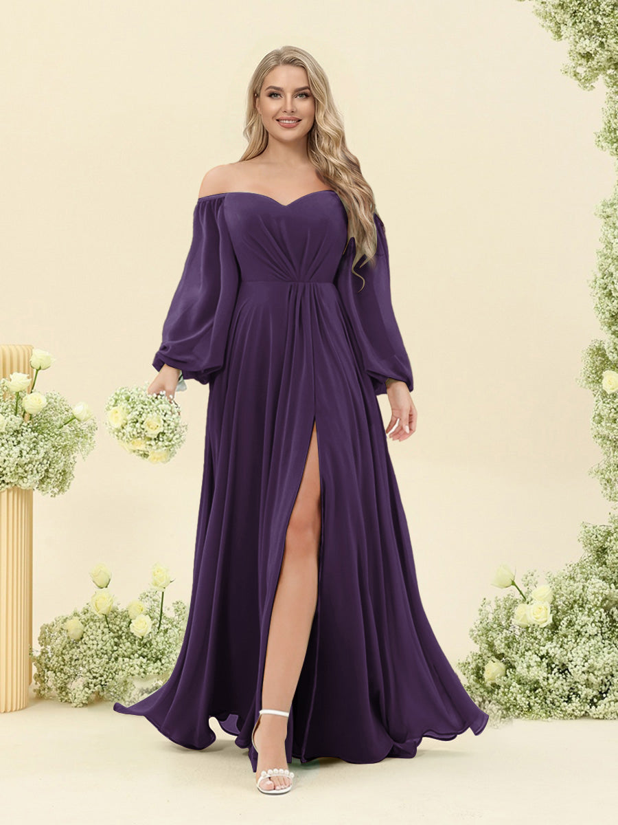 A-Line/Princess Sweetheart Floor-Length Long Plus Size Bridesmaid Dresses with Split Side & Ruffles Grape