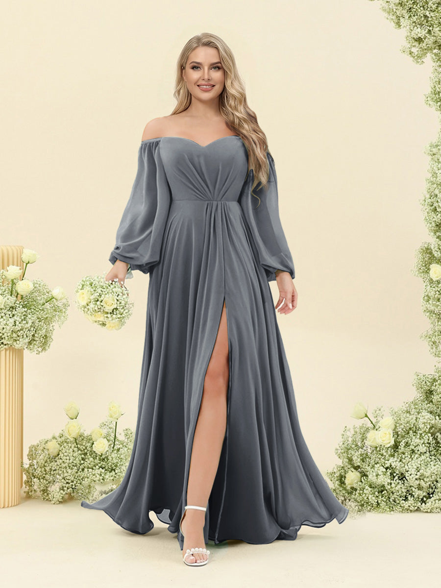 A-Line/Princess Sweetheart Floor-Length Long Plus Size Bridesmaid Dresses with Split Side & Ruffles Gray