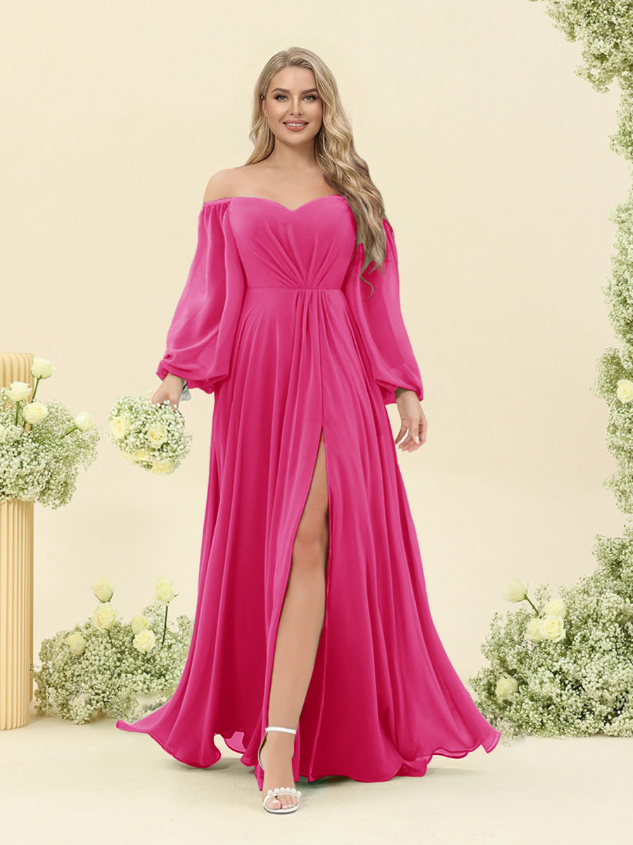 A-Line/Princess Sweetheart Floor-Length Long Plus Size Bridesmaid Dresses with Split Side & Ruffles Hot Pink