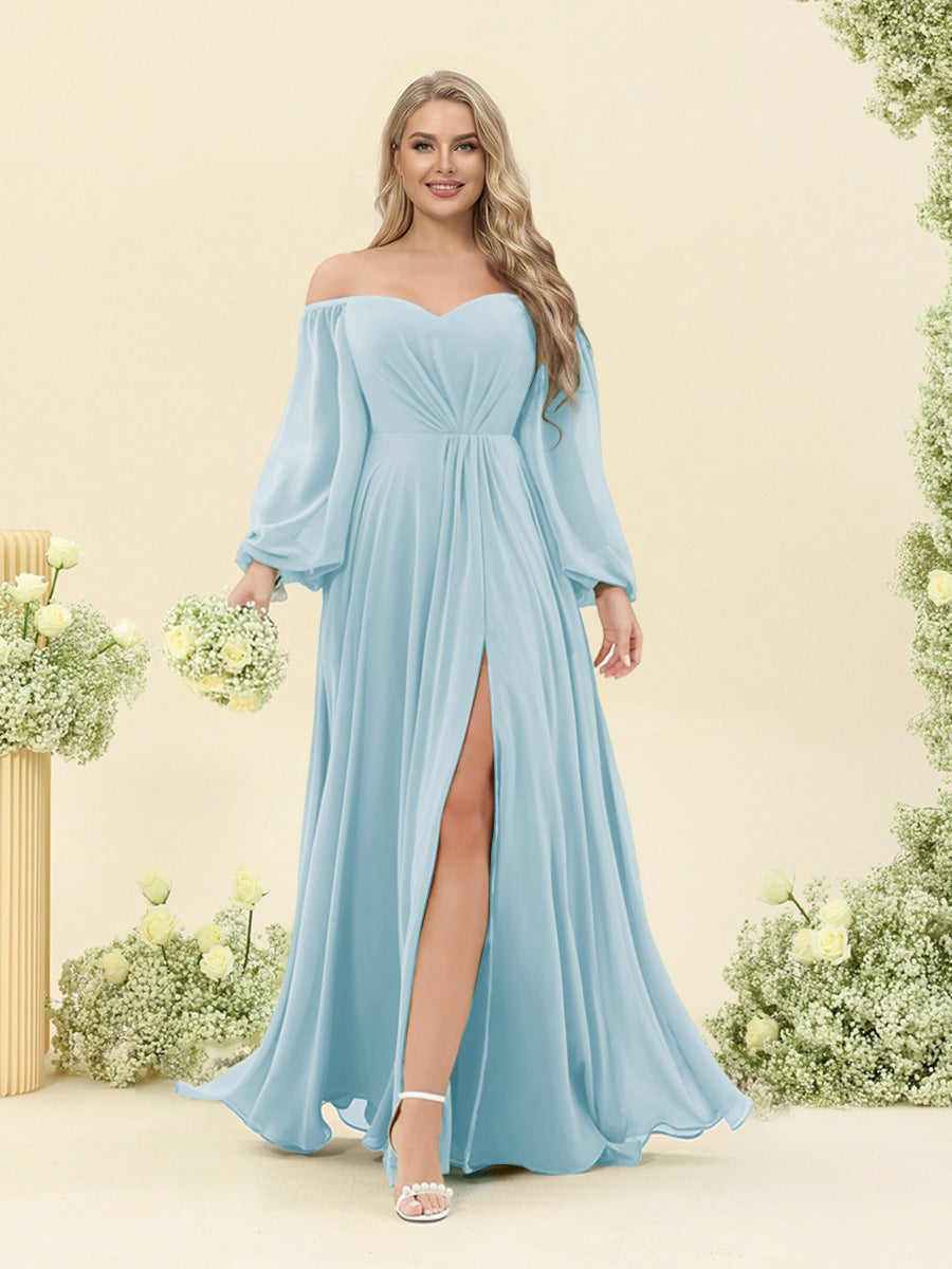 A-Line/Princess Sweetheart Floor-Length Long Plus Size Bridesmaid Dresses with Split Side & Ruffles Light Blue
