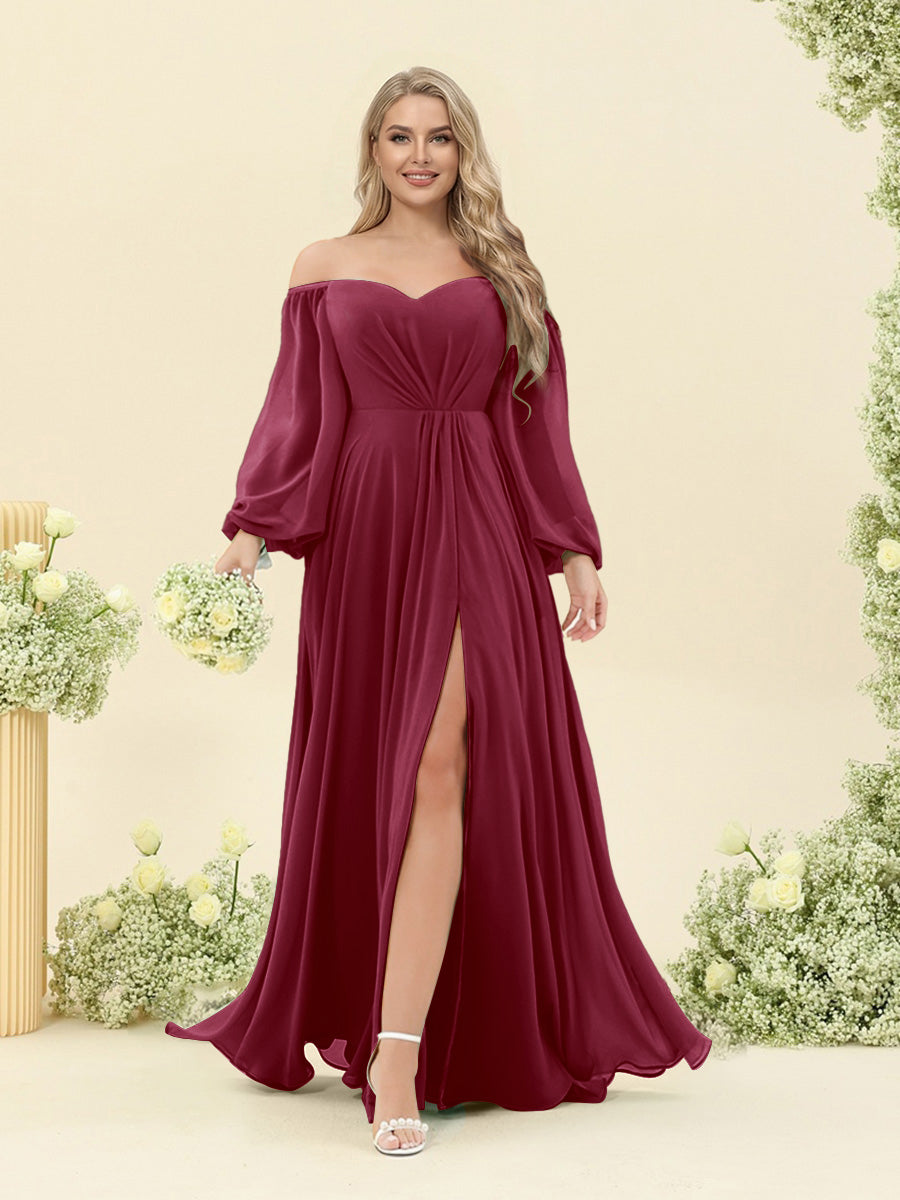 A-Line/Princess Sweetheart Floor-Length Long Plus Size Bridesmaid Dresses with Split Side & Ruffles Light Burgundy