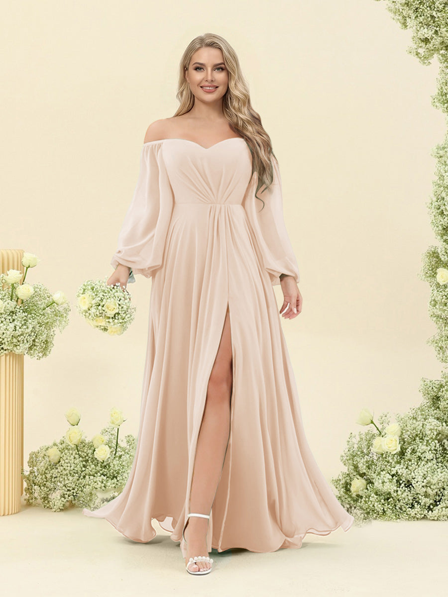 A-Line/Princess Sweetheart Floor-Length Long Plus Size Bridesmaid Dresses with Split Side & Ruffles Light Champagne