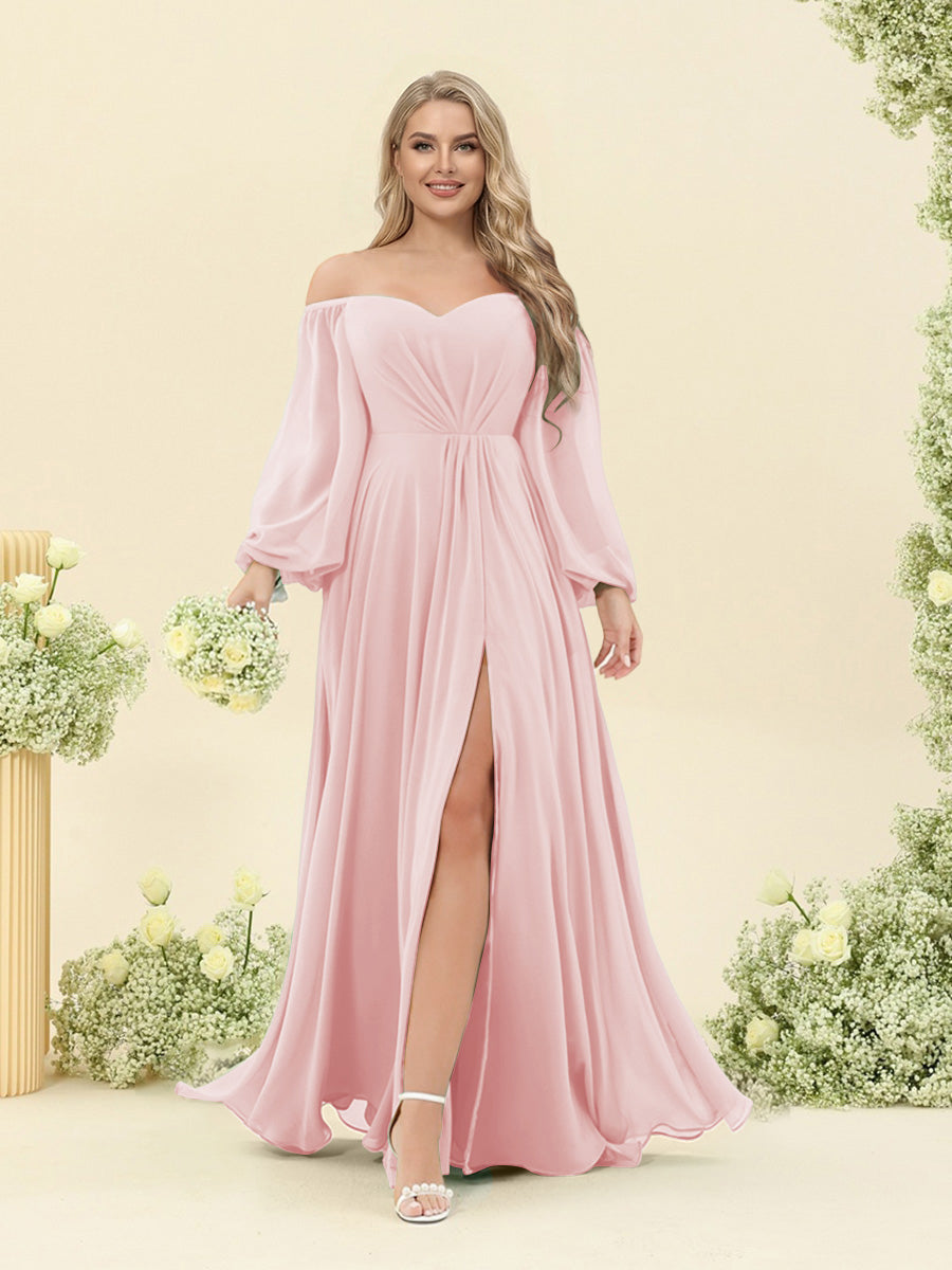 A-Line/Princess Sweetheart Floor-Length Long Plus Size Bridesmaid Dresses with Split Side & Ruffles Light Pink