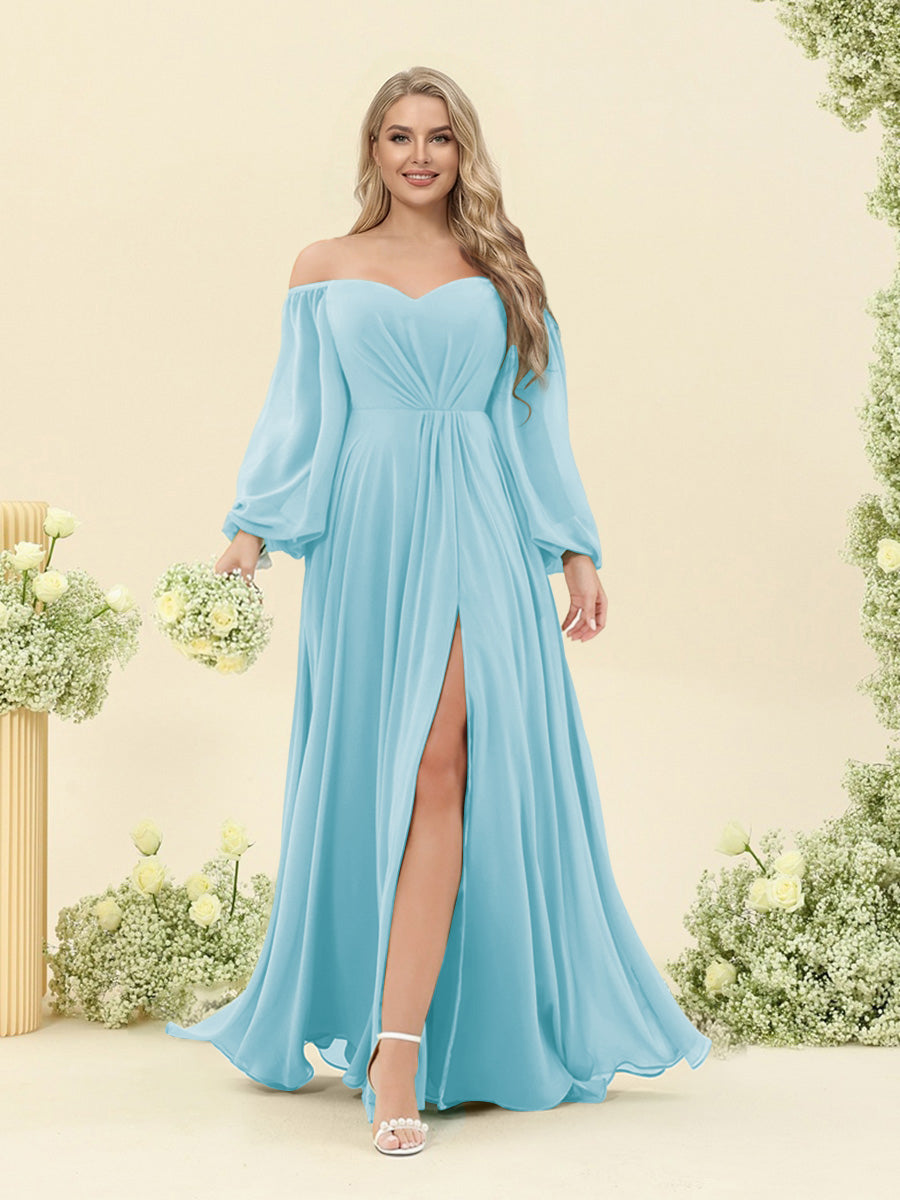 A-Line/Princess Sweetheart Floor-Length Long Plus Size Bridesmaid Dresses with Split Side & Ruffles Light Sky Blue