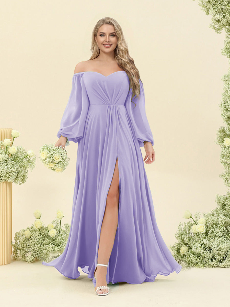 A-Line/Princess Sweetheart Floor-Length Long Plus Size Bridesmaid Dresses with Split Side & Ruffles Lilac