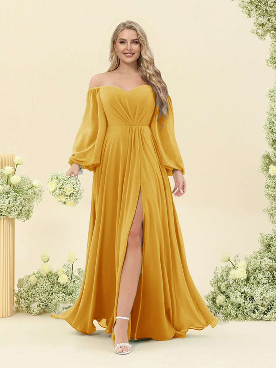 A-Line/Princess Sweetheart Floor-Length Long Plus Size Bridesmaid Dresses with Split Side & Ruffles Mustard Yellow