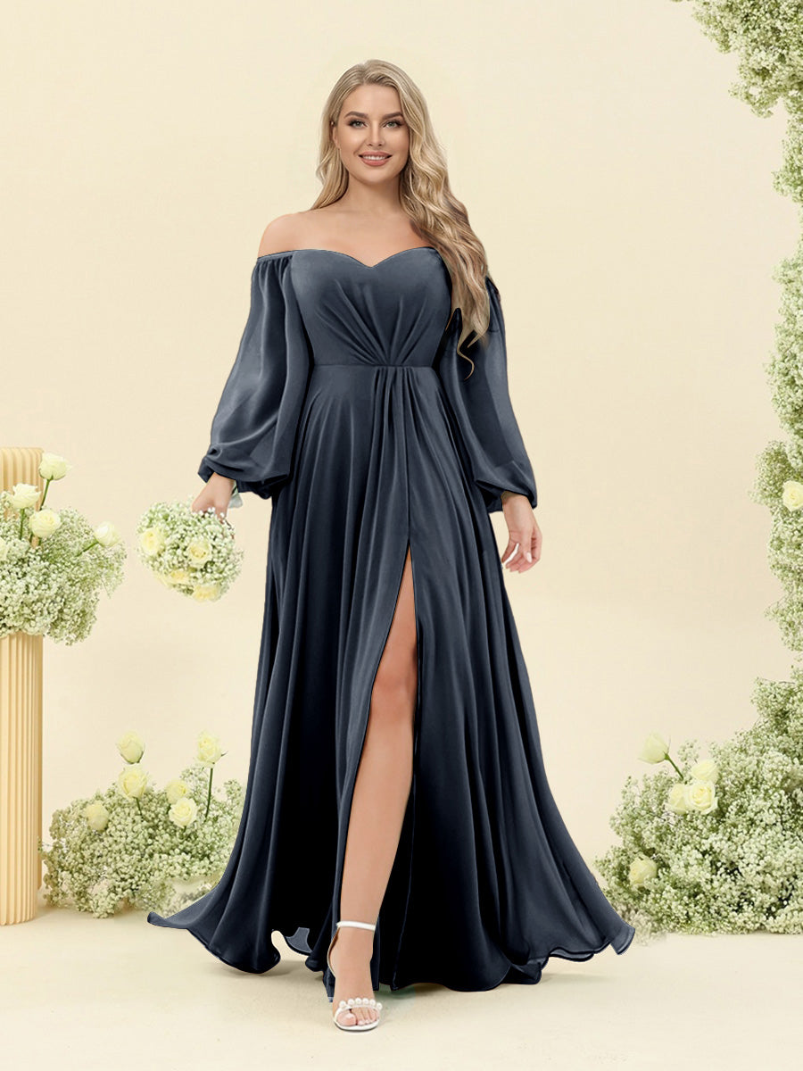 A-Line/Princess Sweetheart Floor-Length Long Plus Size Bridesmaid Dresses with Split Side & Ruffles Navy Blue