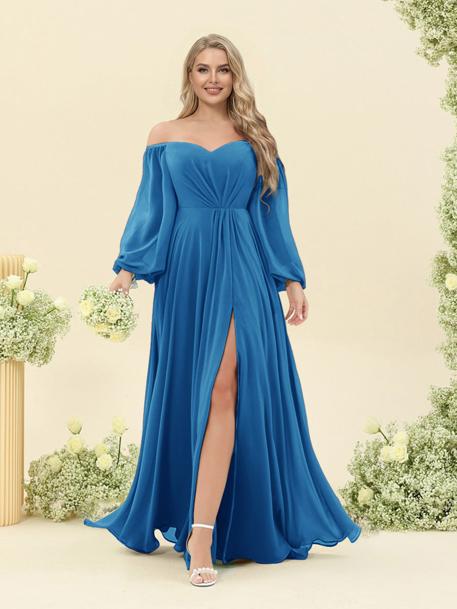 A-Line/Princess Sweetheart Floor-Length Long Plus Size Bridesmaid Dresses with Split Side & Ruffles Ocean Blue