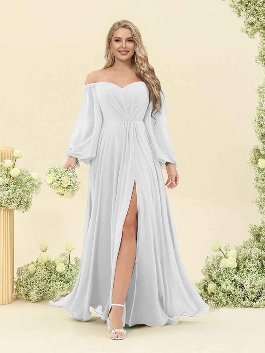 A-Line/Princess Sweetheart Floor-Length Long Plus Size Bridesmaid Dresses with Split Side & Ruffles Off White