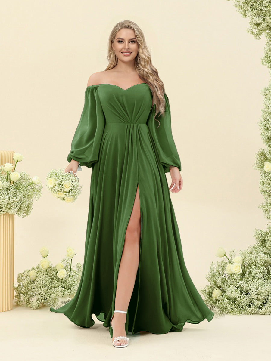 A-Line/Princess Sweetheart Floor-Length Long Plus Size Bridesmaid Dresses with Split Side & Ruffles Olive Green