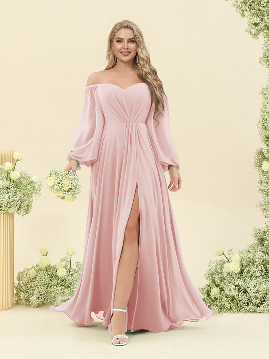 A-Line/Princess Sweetheart Floor-Length Long Plus Size Bridesmaid Dresses with Split Side & Ruffles Pearl Pink