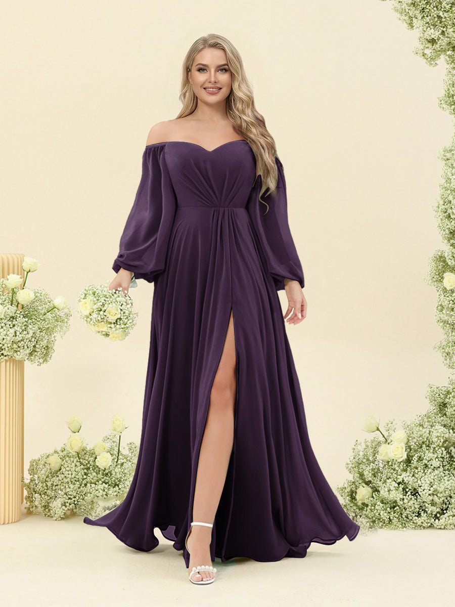 A-Line/Princess Sweetheart Floor-Length Long Plus Size Bridesmaid Dresses with Split Side & Ruffles Plum