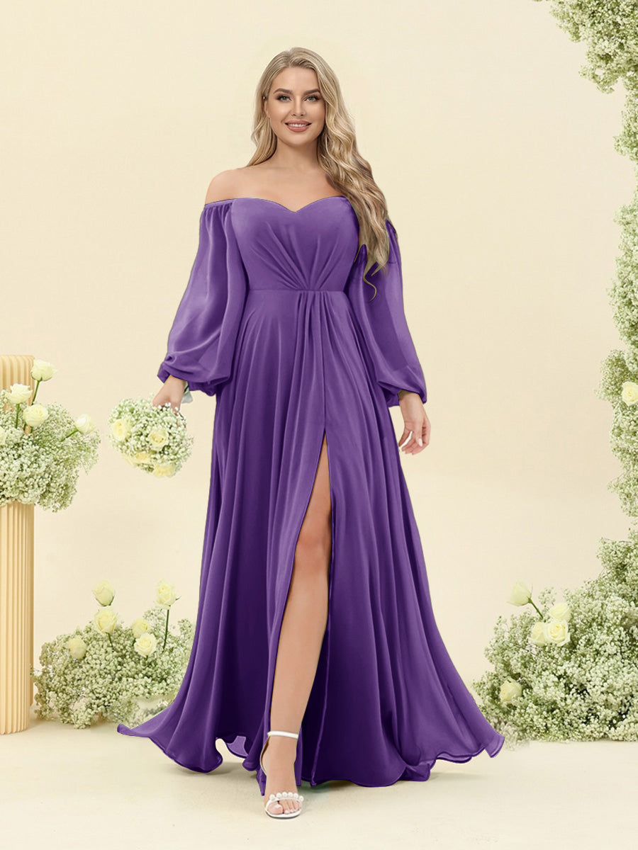 A-Line/Princess Sweetheart Floor-Length Long Plus Size Bridesmaid Dresses with Split Side & Ruffles Purple