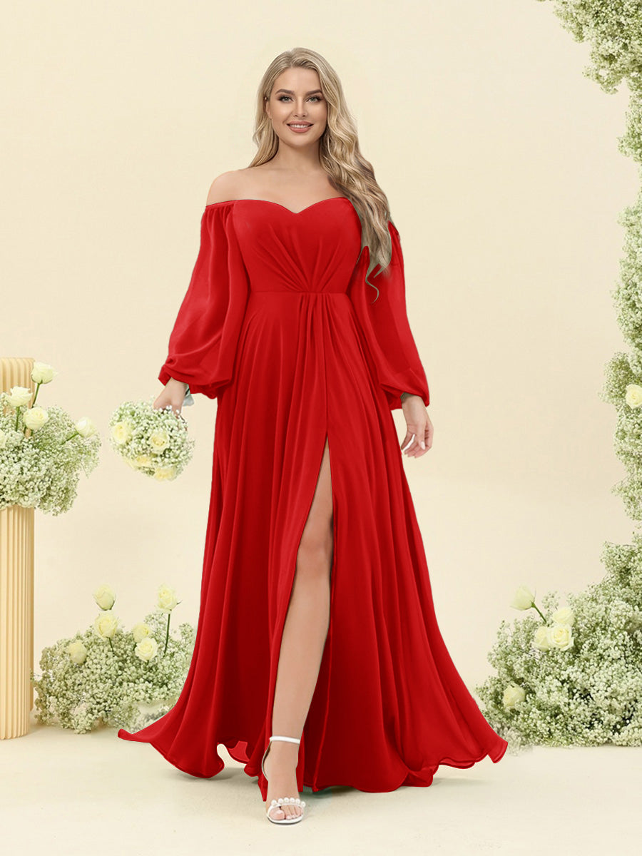 A-Line/Princess Sweetheart Floor-Length Long Plus Size Bridesmaid Dresses with Split Side & Ruffles Red