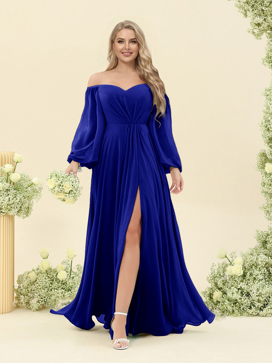 A-Line/Princess Sweetheart Floor-Length Long Plus Size Bridesmaid Dresses with Split Side & Ruffles Royal Blue