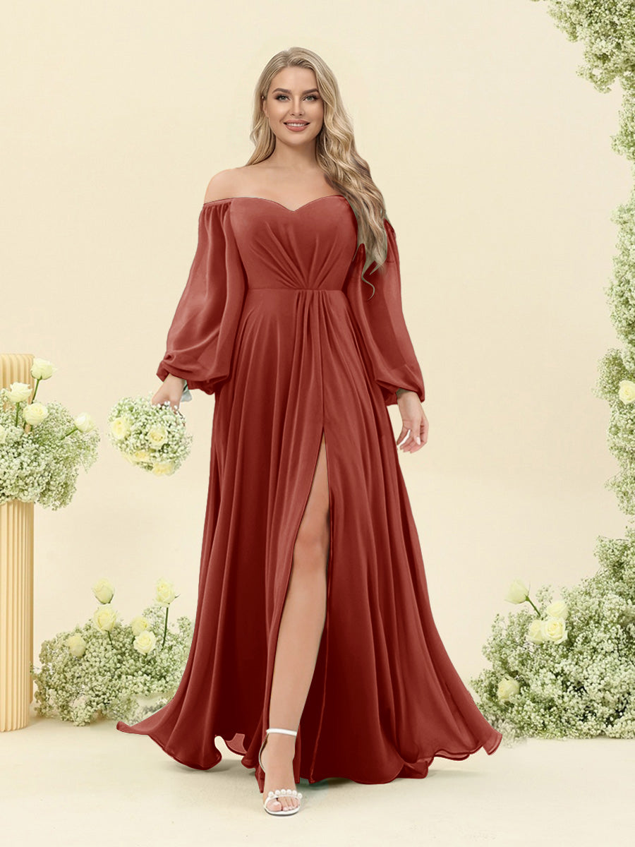 A-Line/Princess Sweetheart Floor-Length Long Plus Size Bridesmaid Dresses with Split Side & Ruffles Rust