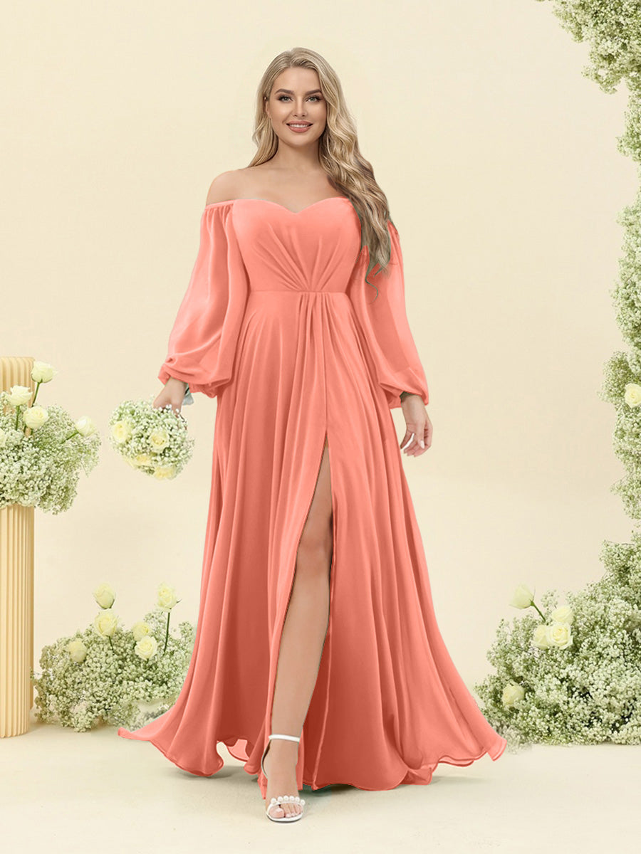 A-Line/Princess Sweetheart Floor-Length Long Plus Size Bridesmaid Dresses with Split Side & Ruffles Salmon