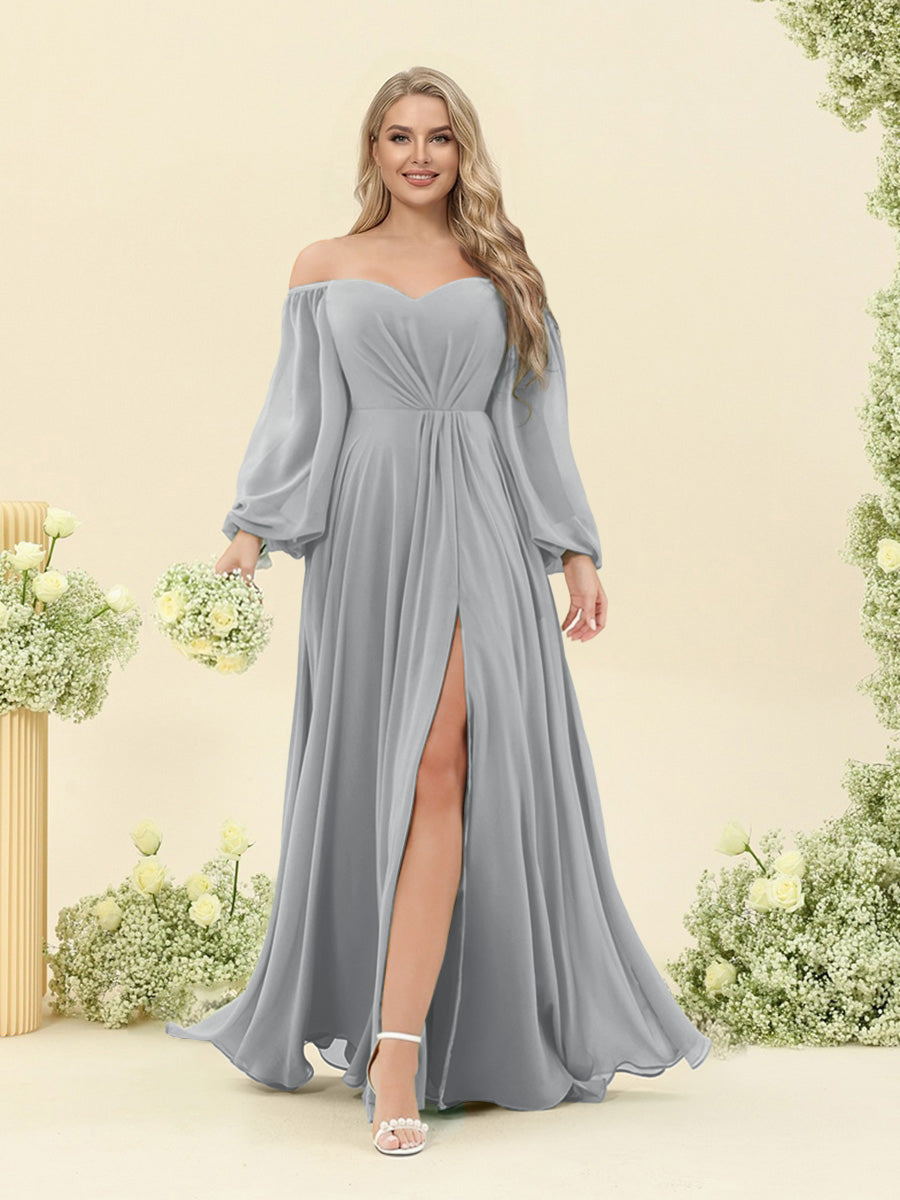 A-Line/Princess Sweetheart Floor-Length Long Plus Size Bridesmaid Dresses with Split Side & Ruffles Silver