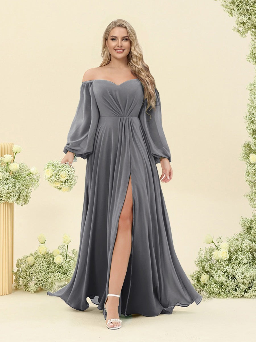 A-Line/Princess Sweetheart Floor-Length Long Plus Size Bridesmaid Dresses with Split Side & Ruffles Silver Gray