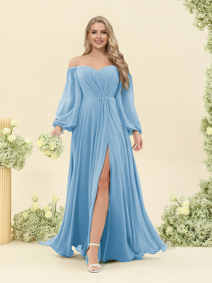 A-Line/Princess Sweetheart Floor-Length Long Plus Size Bridesmaid Dresses with Split Side & Ruffles Sky Blue
