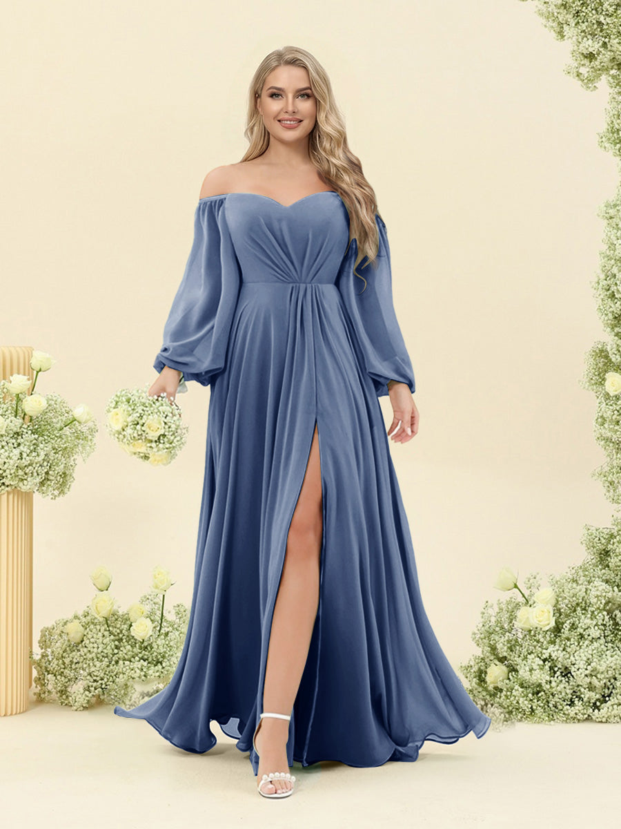 A-Line/Princess Sweetheart Floor-Length Long Plus Size Bridesmaid Dresses with Split Side & Ruffles Steel Blue