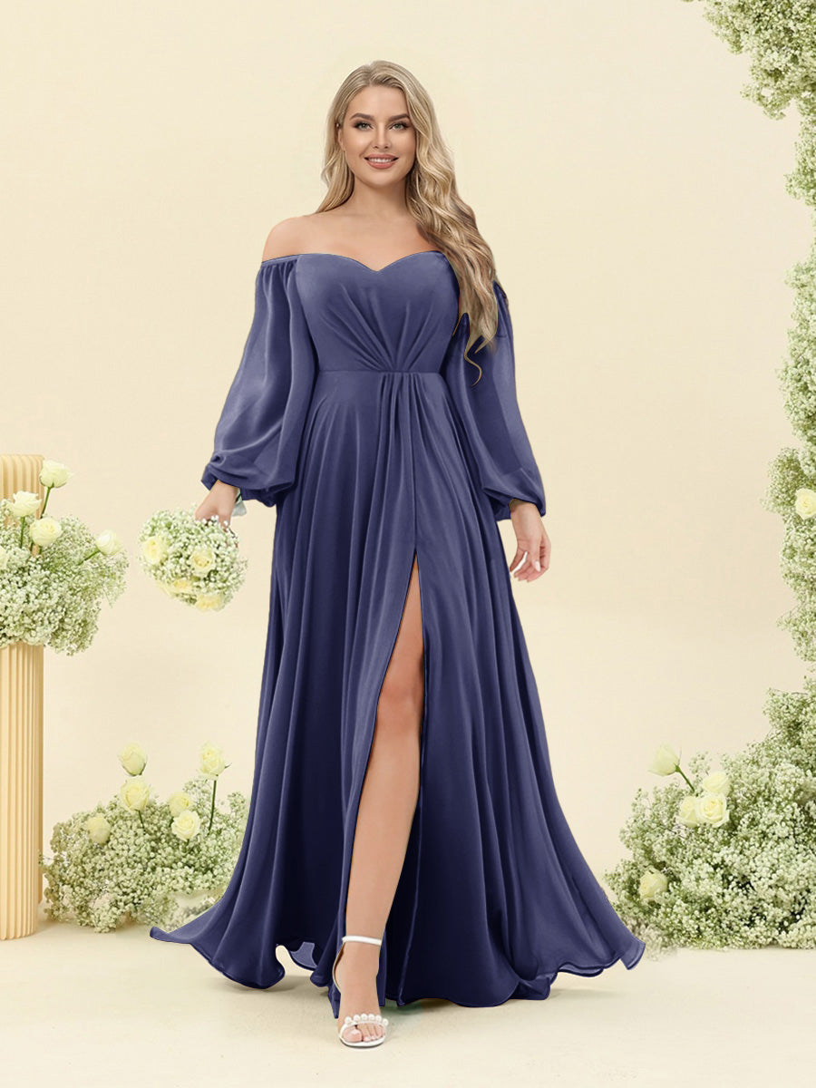 A-Line/Princess Sweetheart Floor-Length Long Plus Size Bridesmaid Dresses with Split Side & Ruffles Stormy Blue