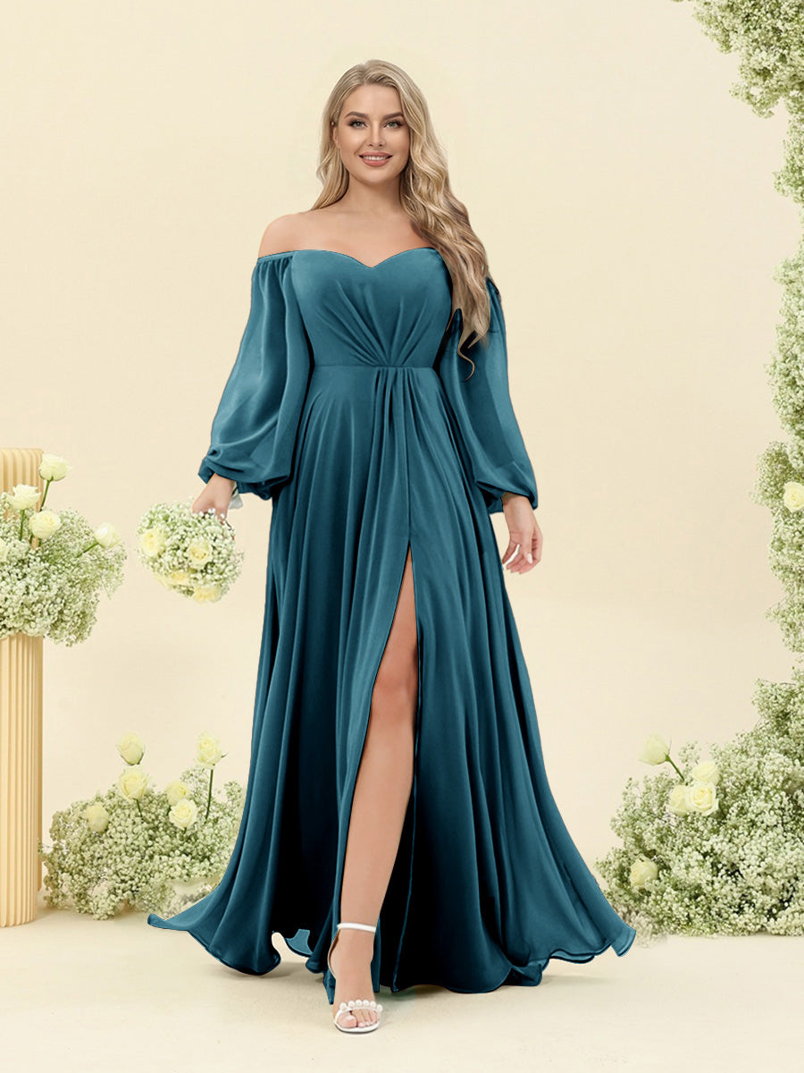 A-Line/Princess Sweetheart Floor-Length Long Plus Size Bridesmaid Dresses with Split Side & Ruffles Teal