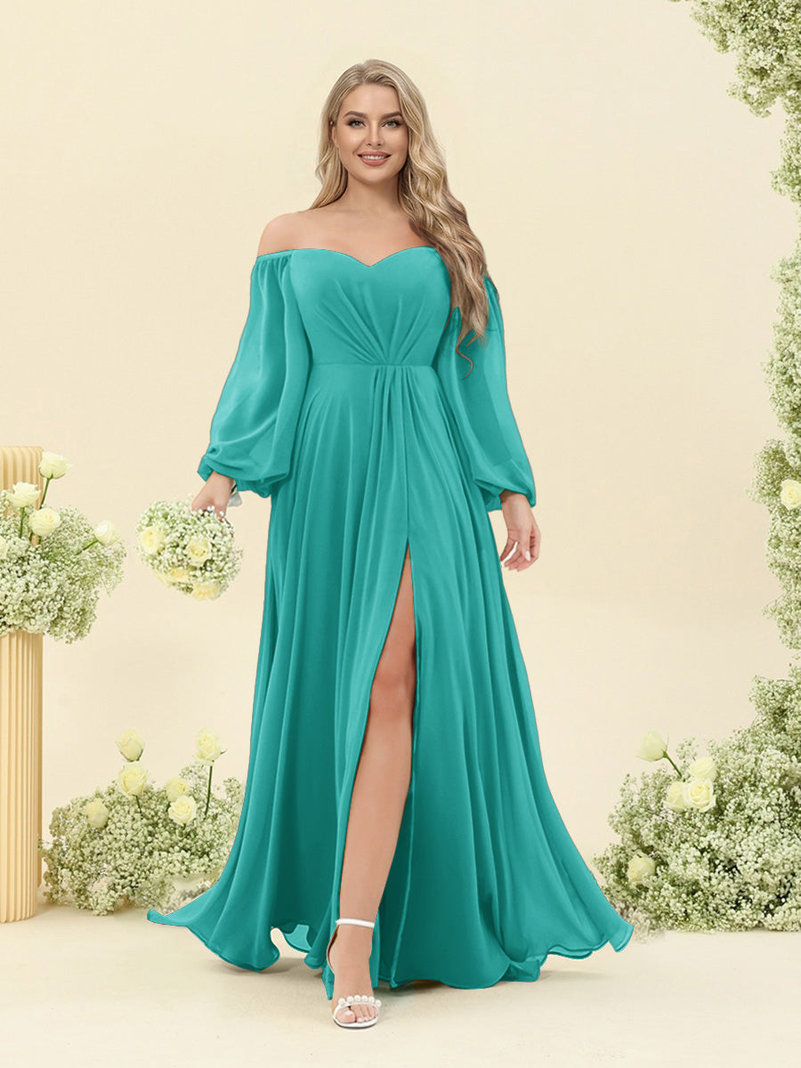 A-Line/Princess Sweetheart Floor-Length Long Plus Size Bridesmaid Dresses with Split Side & Ruffles Turquoise