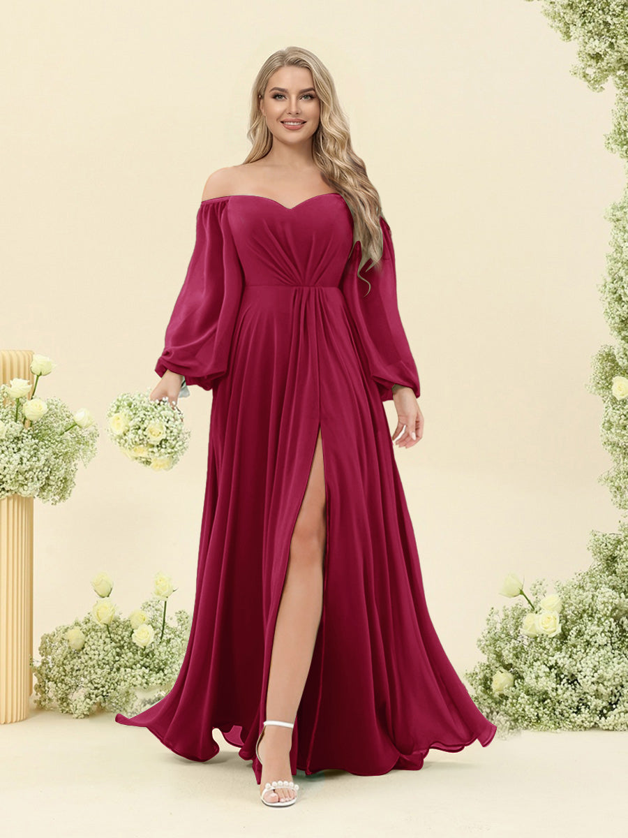 A-Line/Princess Sweetheart Floor-Length Long Plus Size Bridesmaid Dresses with Split Side & Ruffles Wine Red