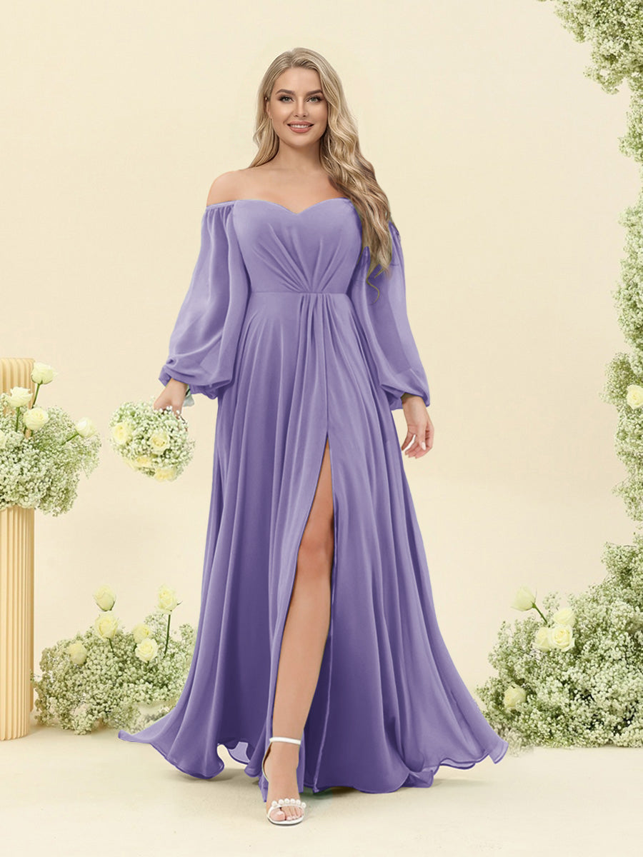 A-Line/Princess Sweetheart Floor-Length Long Plus Size Bridesmaid Dresses with Split Side & Ruffles Wisteria