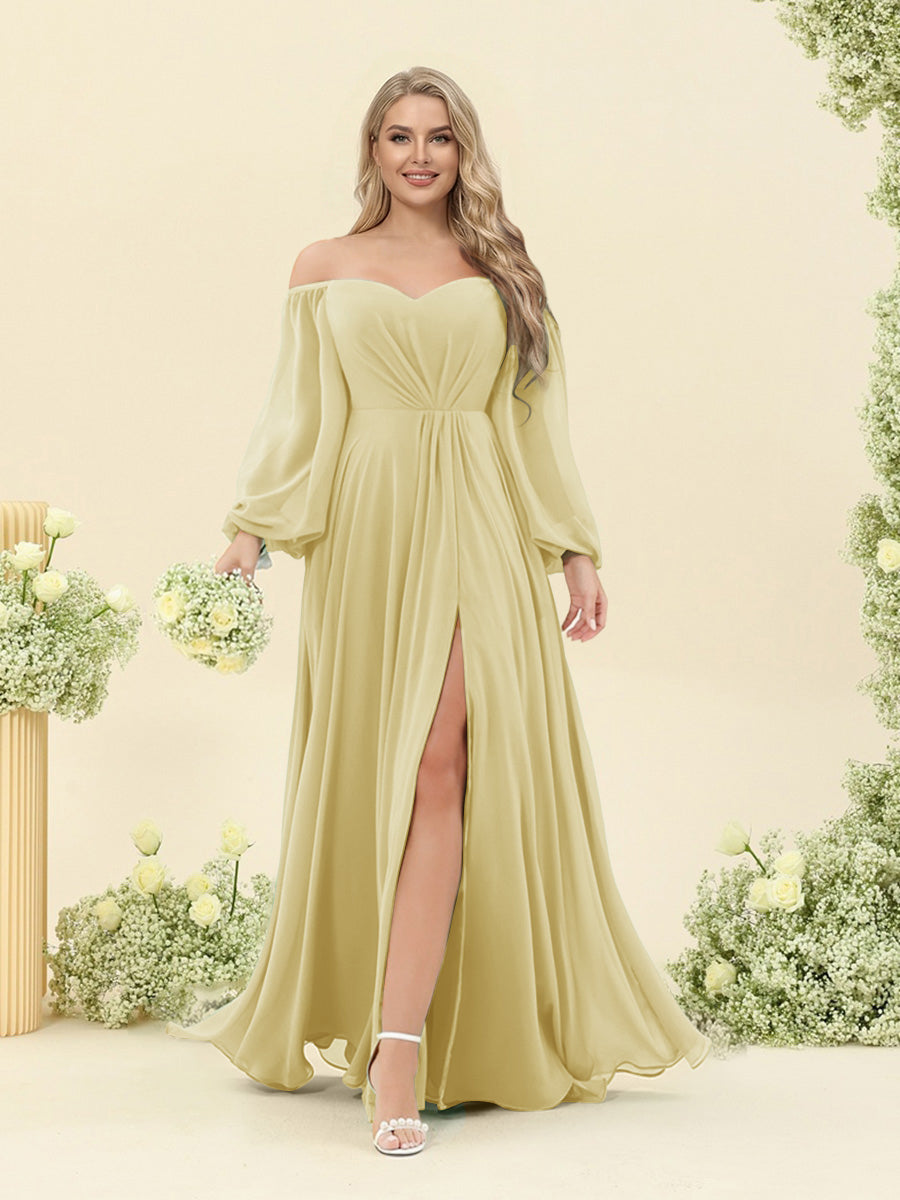A-Line/Princess Sweetheart Floor-Length Long Plus Size Bridesmaid Dresses with Split Side & Ruffles Yellow