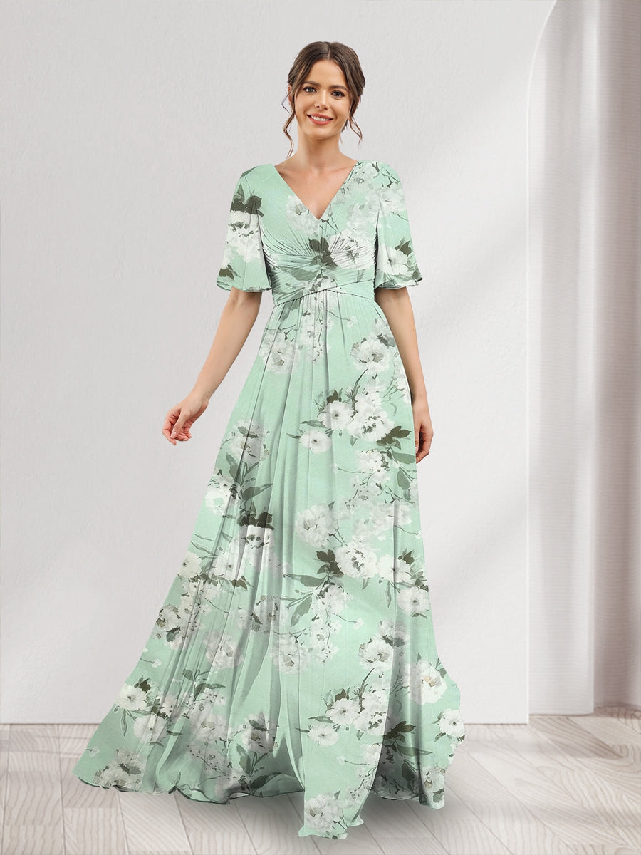 A-Line V-Neck Half Sleeves Split Side Chiffon Floral Bridesmaid Dresses With Pockets Green Floral