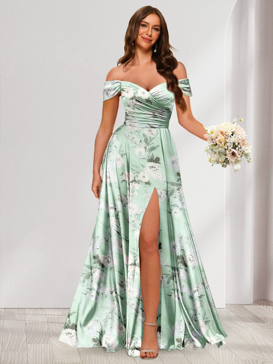 Floor-Length Off-the-Shoulder Long Floral Dresses with Split Side & Ruched Green Floral