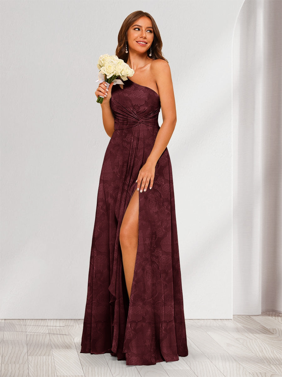A-Line/Princess One-Shoulder Long Floral Bridesmaid Dresses with Split Side Burgundy
