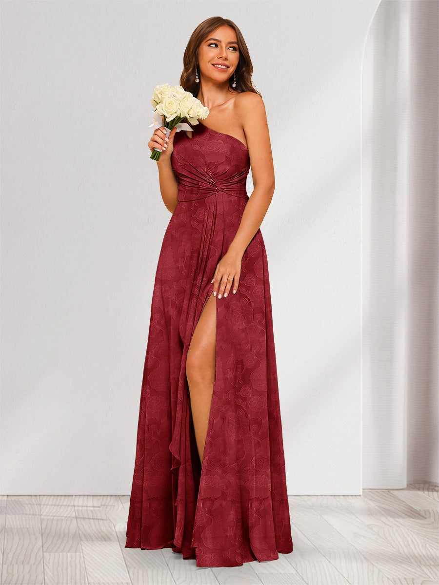 A-Line/Princess One-Shoulder Long Floral Bridesmaid Dresses with Split Side Light Burgundy