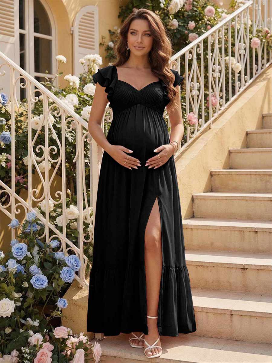 A-Line/Princess Sweetheart Ankle-Length Maternity Bridesmaid Dresses With Ruffles &Split Side Black