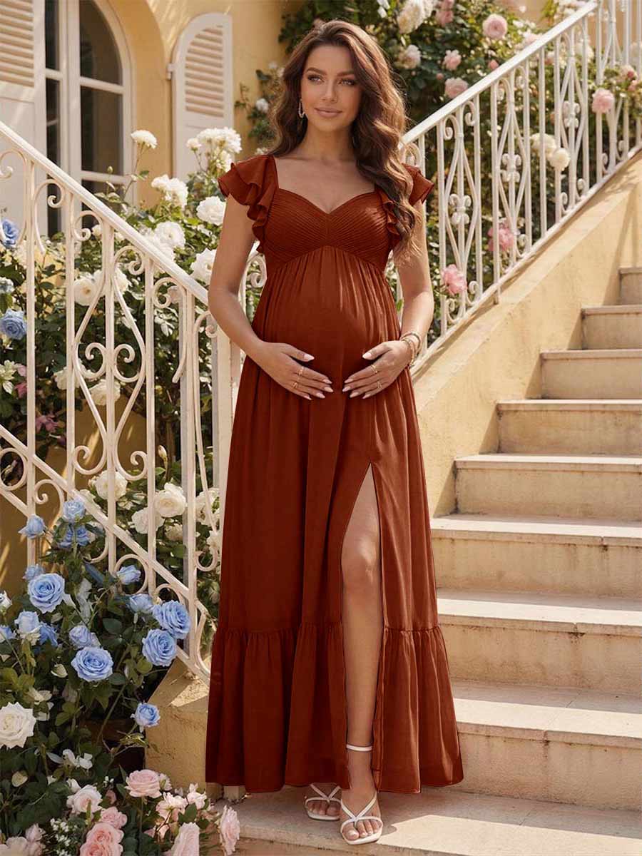 A-Line/Princess Sweetheart Ankle-Length Maternity Bridesmaid Dresses With Ruffles &Split Side Burnt Orange