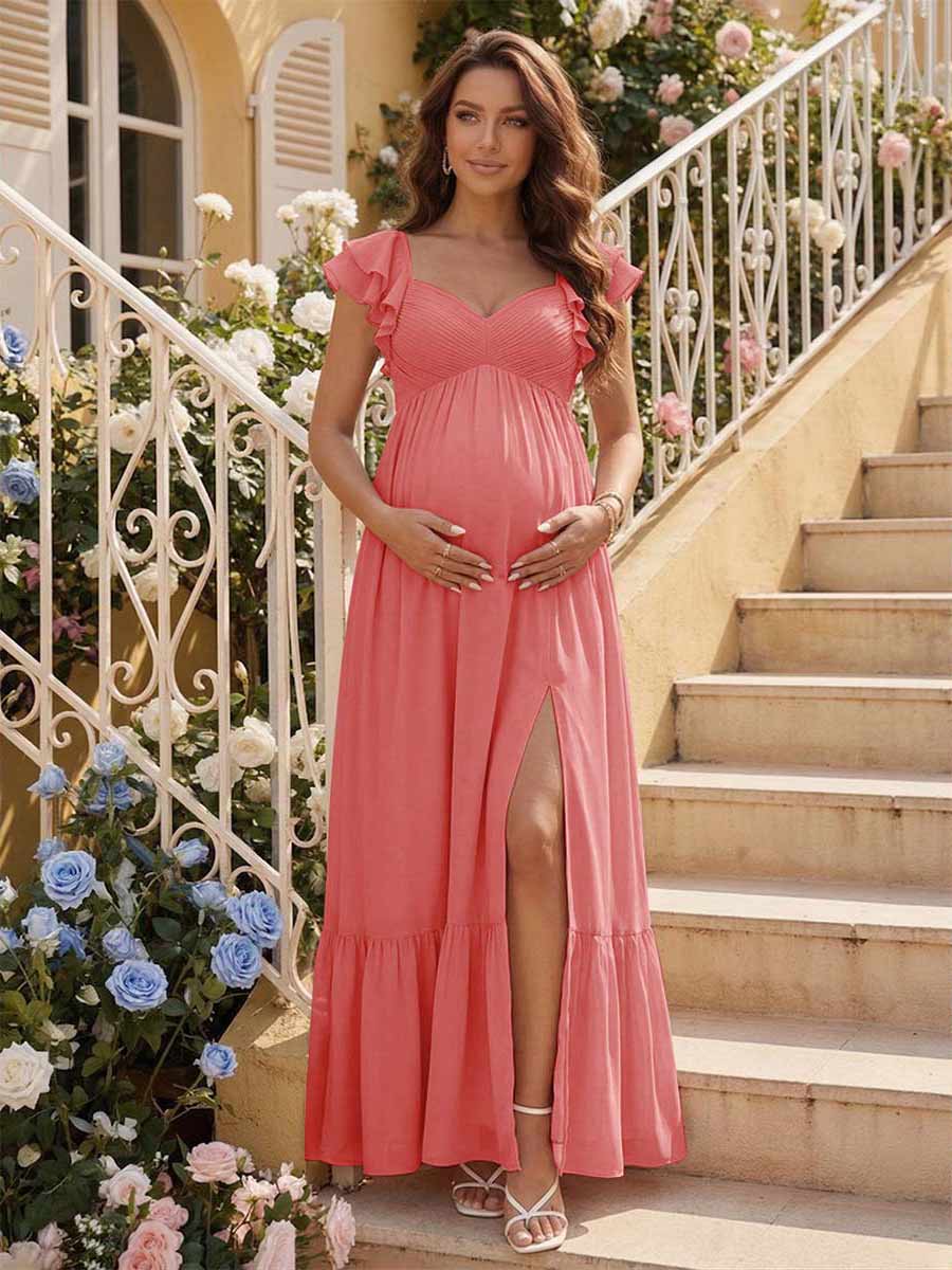 A-Line/Princess Sweetheart Ankle-Length Maternity Bridesmaid Dresses With Ruffles &Split Side Coral