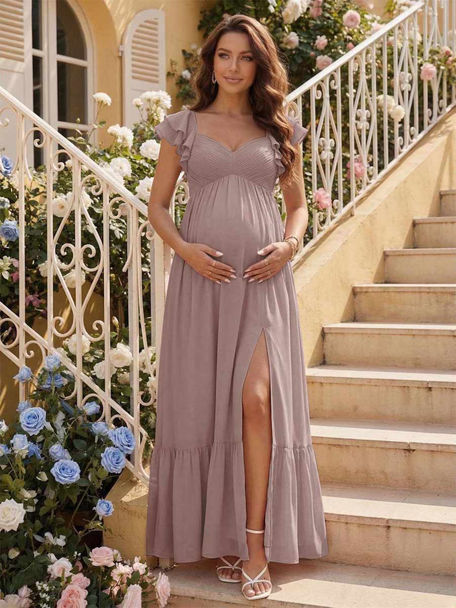 A-Line/Princess Sweetheart Ankle-Length Maternity Bridesmaid Dresses With Ruffles &Split Side Dusty Pink