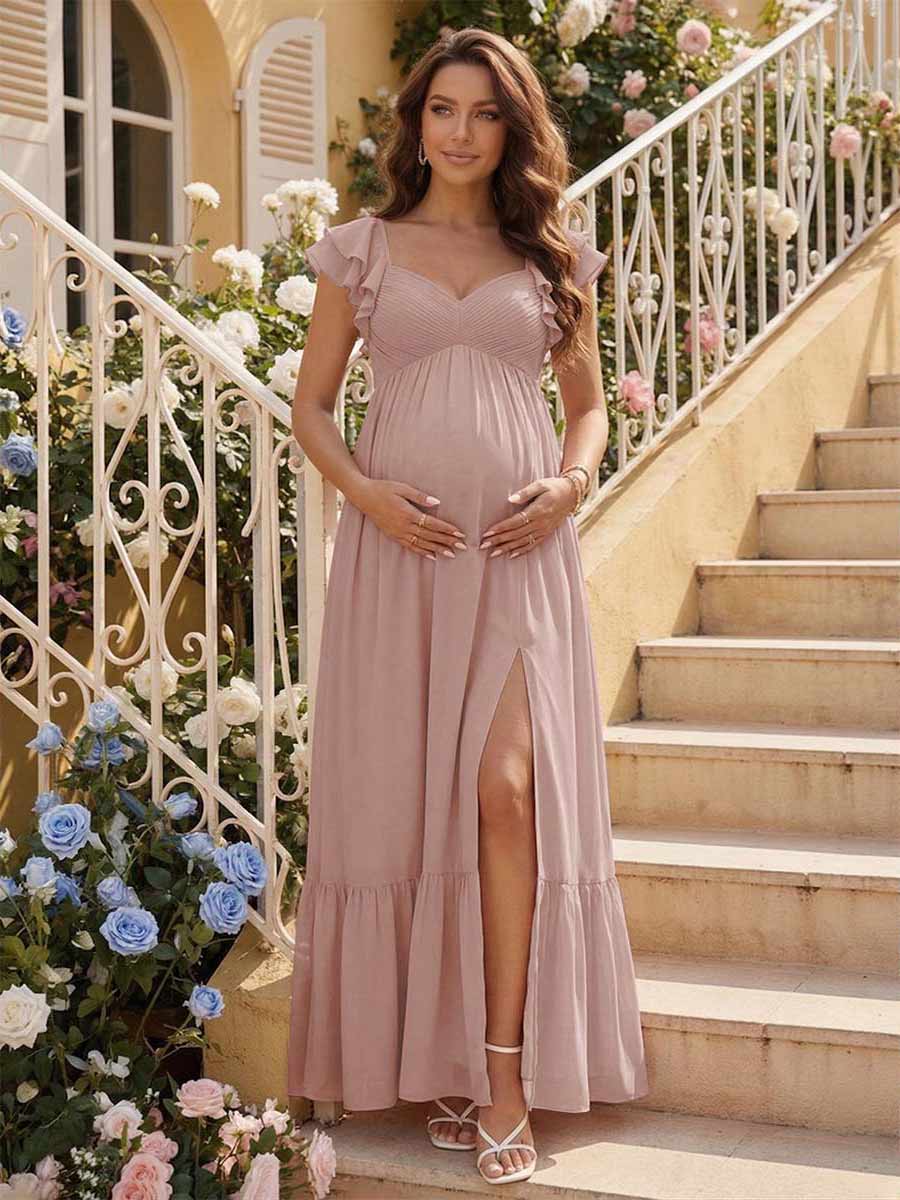 A-Line/Princess Sweetheart Ankle-Length Maternity Bridesmaid Dresses With Ruffles &Split Side Dusty Rose