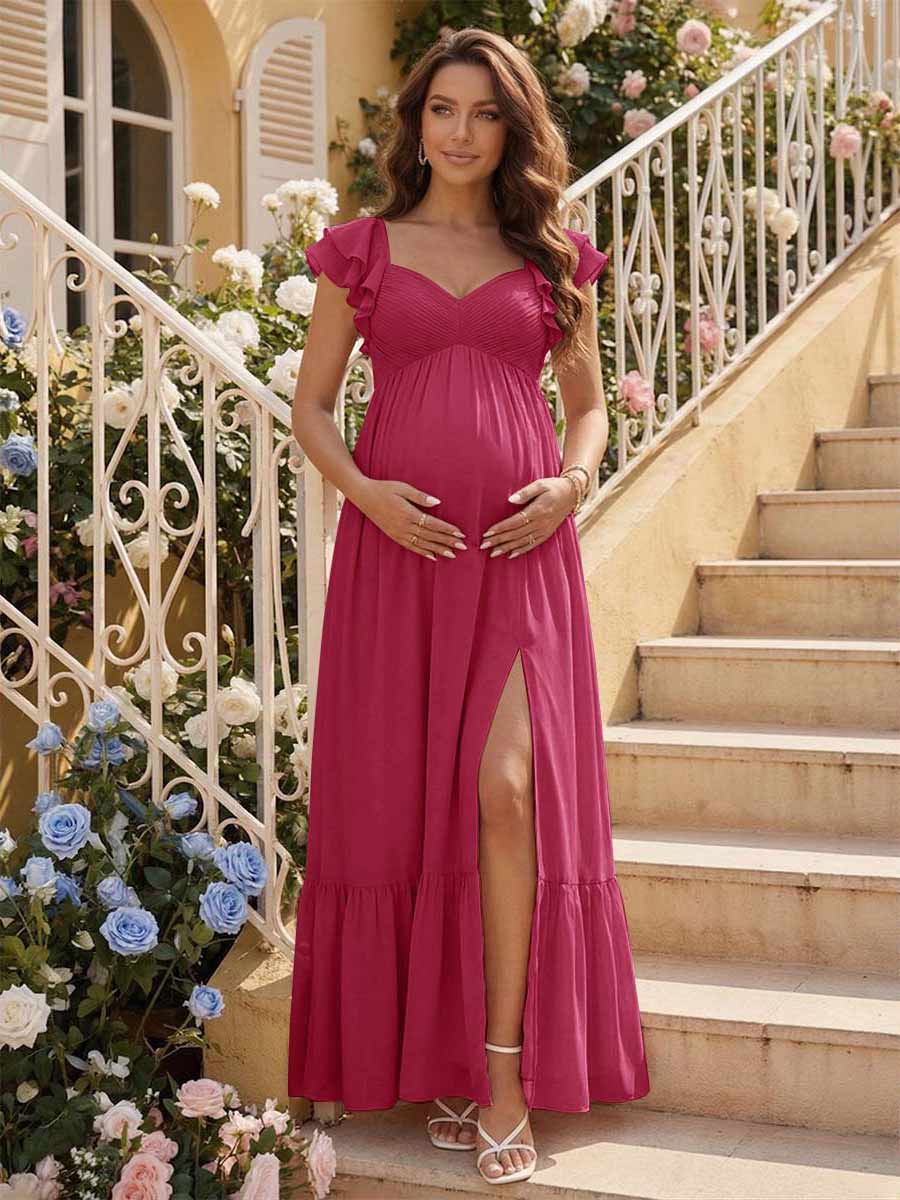 A-Line/Princess Sweetheart Ankle-Length Maternity Bridesmaid Dresses With Ruffles &Split Side Fuchsia