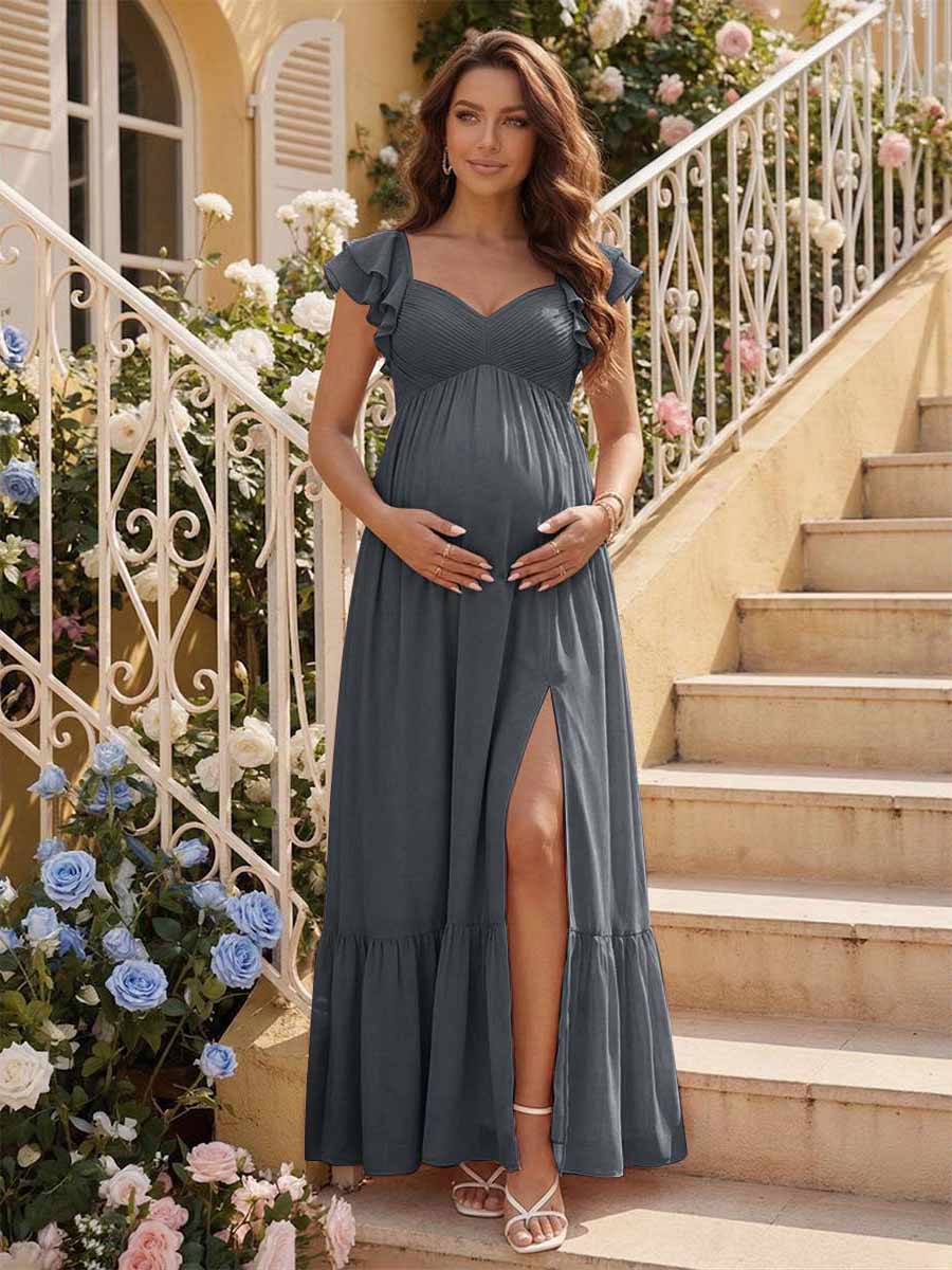 A-Line/Princess Sweetheart Ankle-Length Maternity Bridesmaid Dresses With Ruffles &Split Side Gray