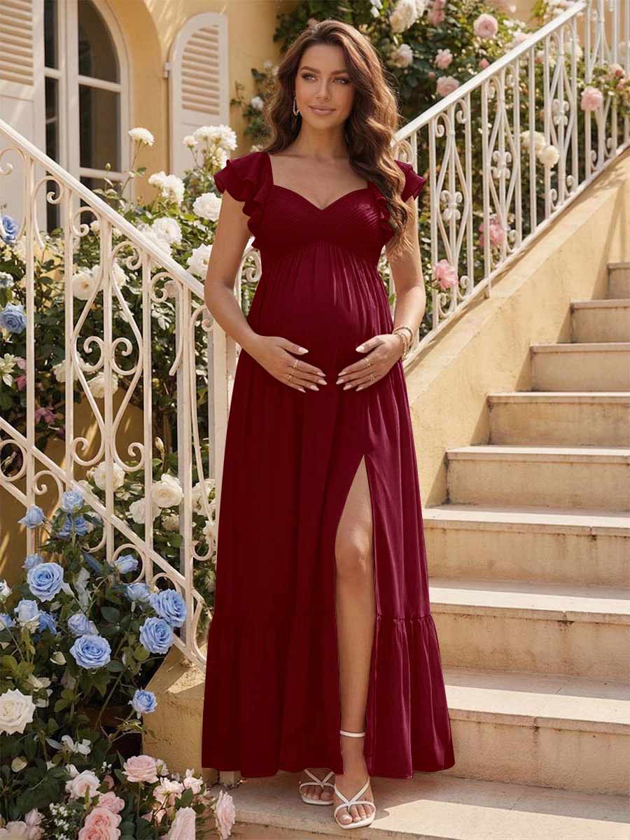 A-Line/Princess Sweetheart Ankle-Length Maternity Bridesmaid Dresses With Ruffles &Split Side Light Burgundy