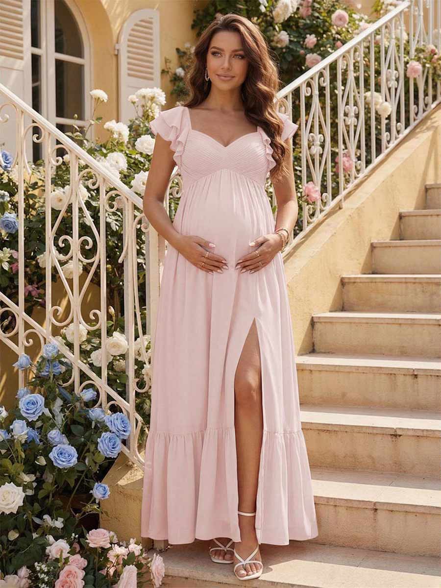 A-Line/Princess Sweetheart Ankle-Length Maternity Bridesmaid Dresses With Ruffles &Split Side Light Pink