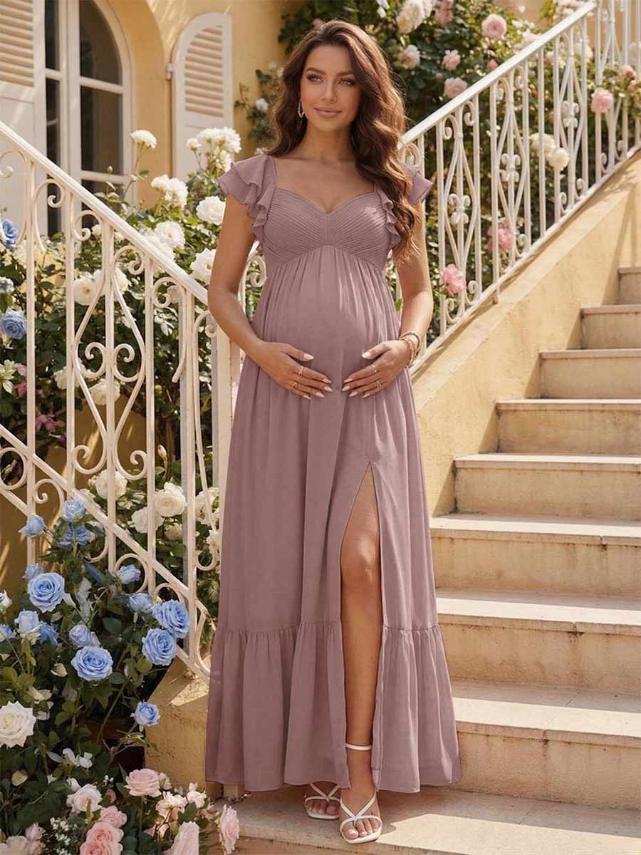A-Line/Princess Sweetheart Ankle-Length Maternity Bridesmaid Dresses With Ruffles &Split Side Mauve