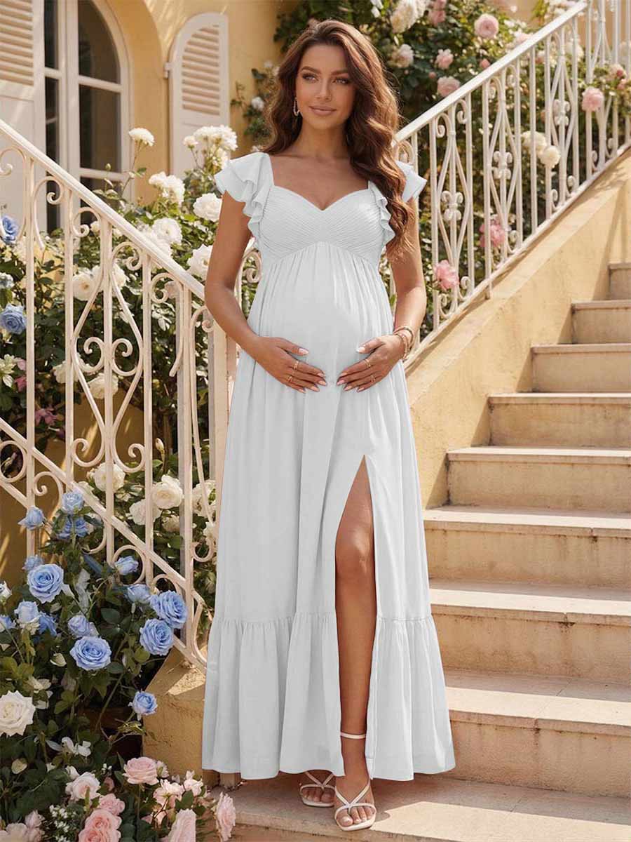 A-Line/Princess Sweetheart Ankle-Length Maternity Bridesmaid Dresses With Ruffles &Split Side Off White