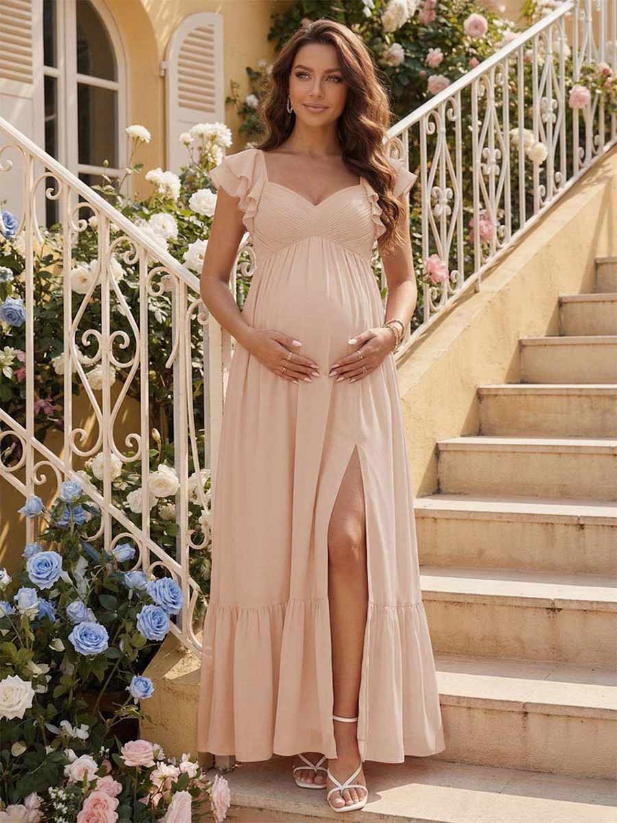 A-Line/Princess Sweetheart Ankle-Length Maternity Bridesmaid Dresses With Ruffles &Split Side Peach Pink