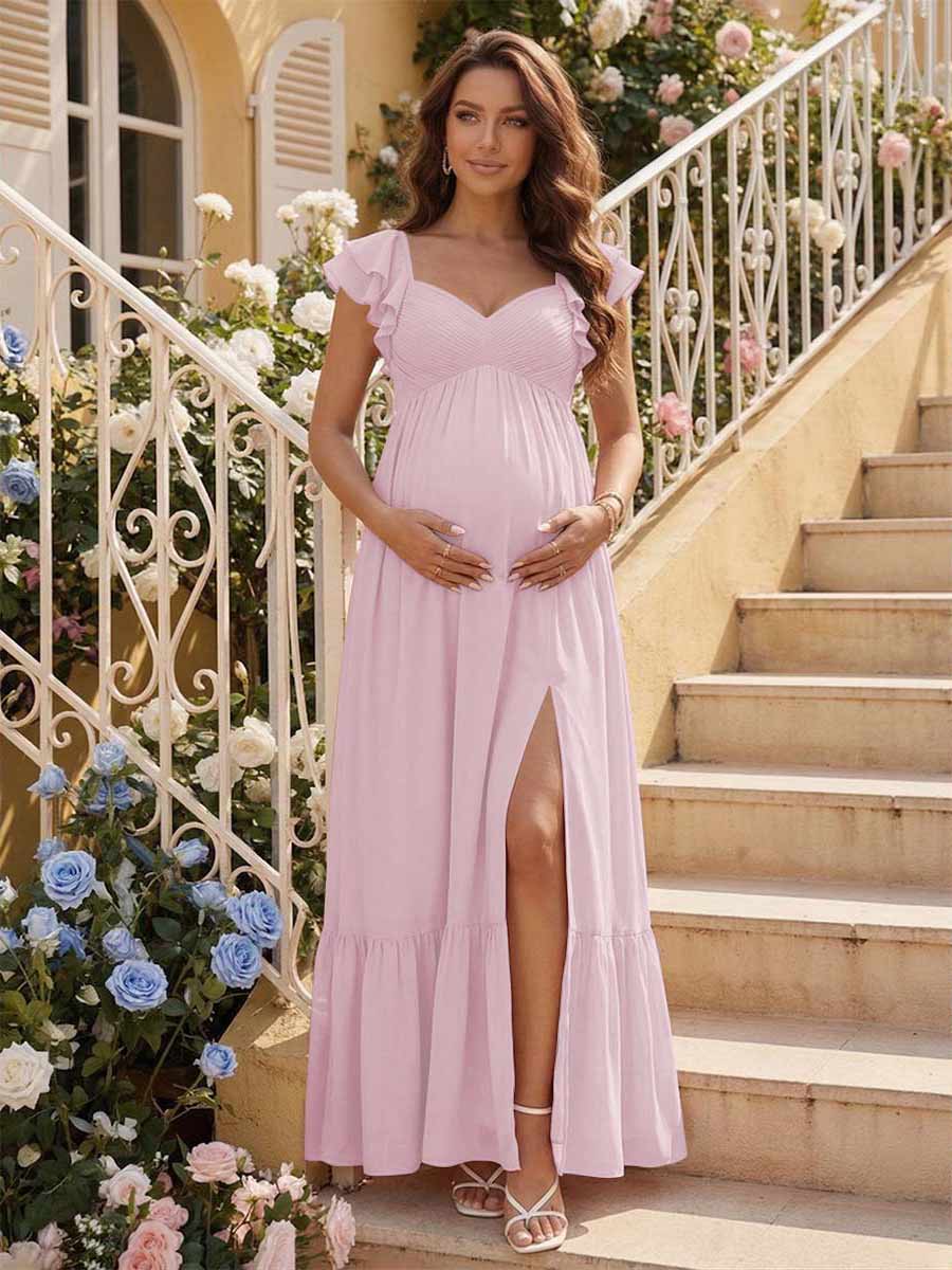 A-Line/Princess Sweetheart Ankle-Length Maternity Bridesmaid Dresses With Ruffles &Split Side Pink